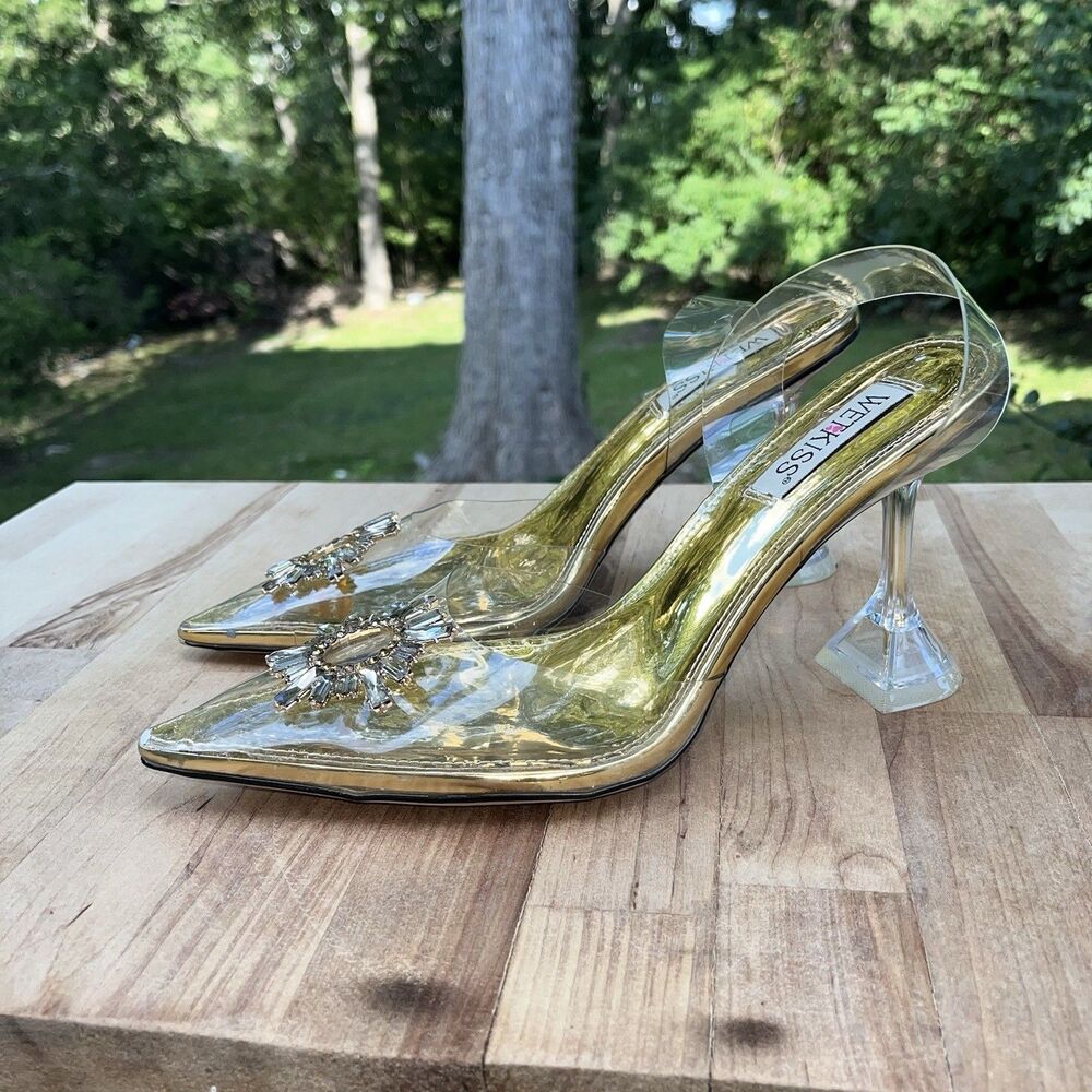 Wetkiss Gold Crystal Embellished Clear Pointed Toe Fashion Heels Women's Size 10